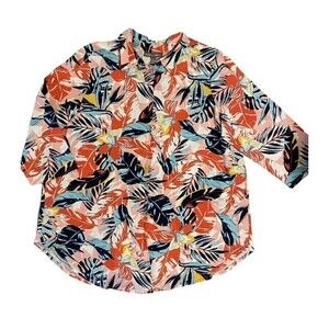Jessica London Size 16W Floral Tropical Linen Blend Button Up Top